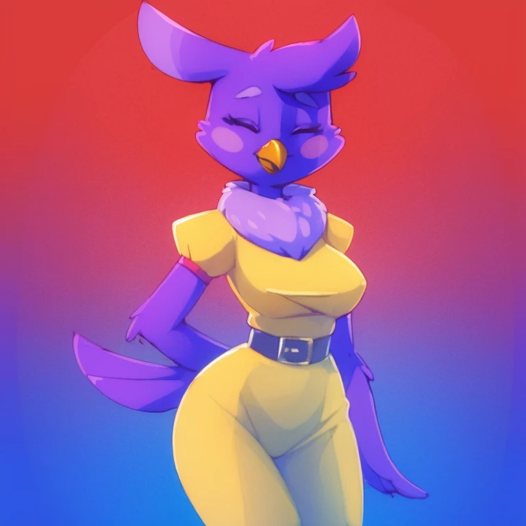 masterpiece, best_quality, furry_female, avian, front, standing, cute, smiling, eyes_closed, head_tilt, <lora:y-Melissa:0.8>, gradient_background, (art_by_doxy:1.3)
