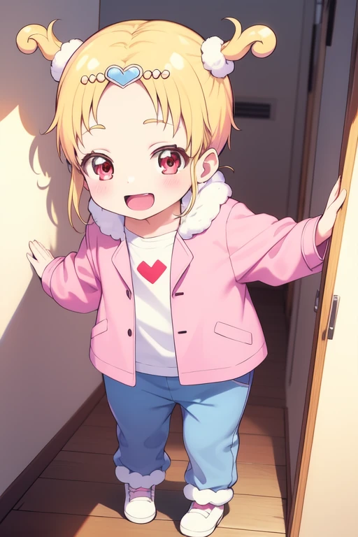 college age, <lora:Hugtan:0.7> Hugtan, 1girl, soro, blonde hair, red eyes, short hair, hair ornament, heart hair ornament, short twintails, , eyelashes, smile, standing, room, open mouth,
long coat, 17 years old, ãlong pants,