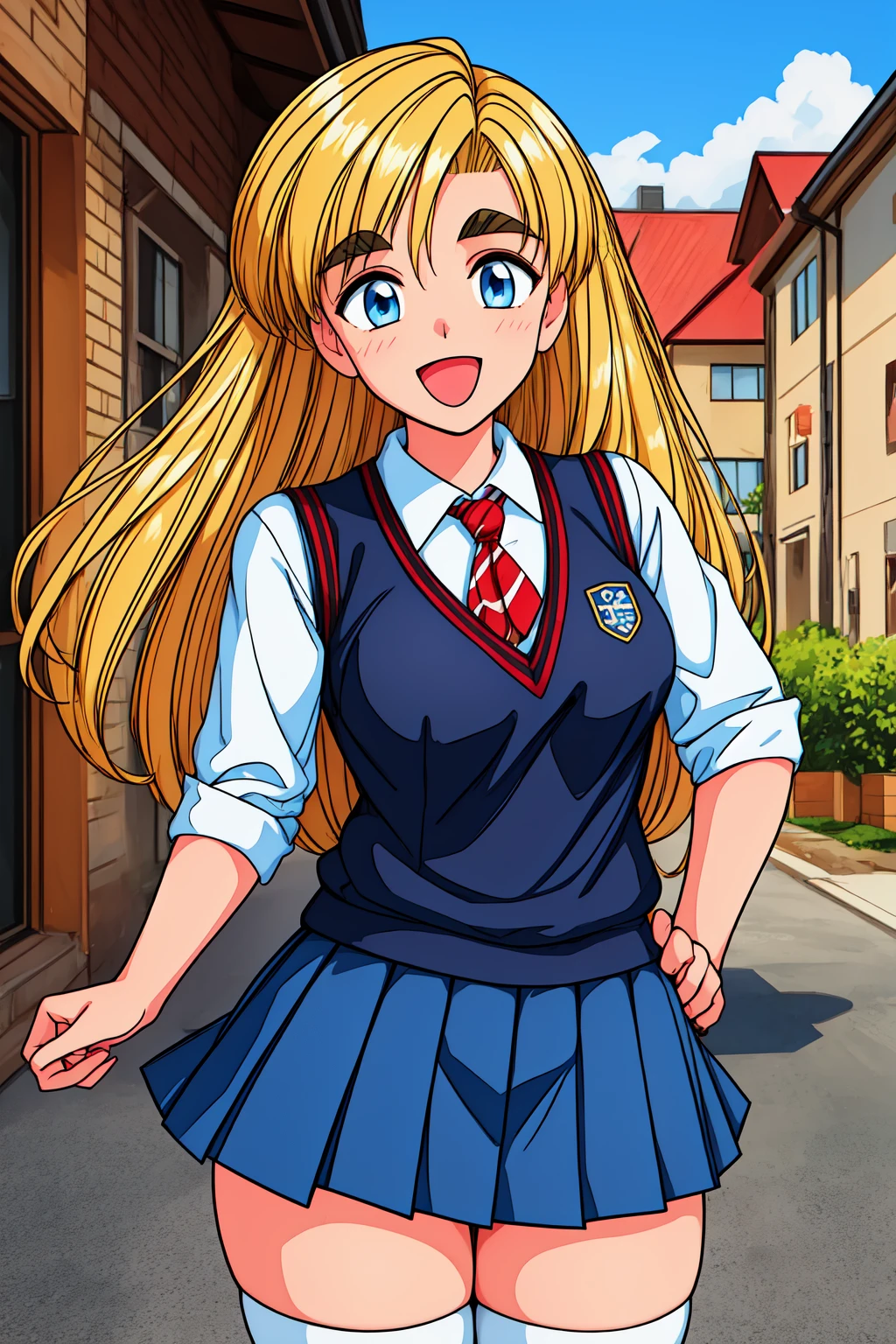 1girl, cowboy shot,  outdoors, smile, open mouth, 
aitoma_thirty, blue eyes, blonde hair, long hair, (thick eyebrows:1.2), school uniform, shirt, skirt, sweater vest, white thighhighs,<lora:aitoma_thirty_lora_ver1:0.7>, best quality, masterpiece, highres, <lora:GoodHands-vanilla:1>