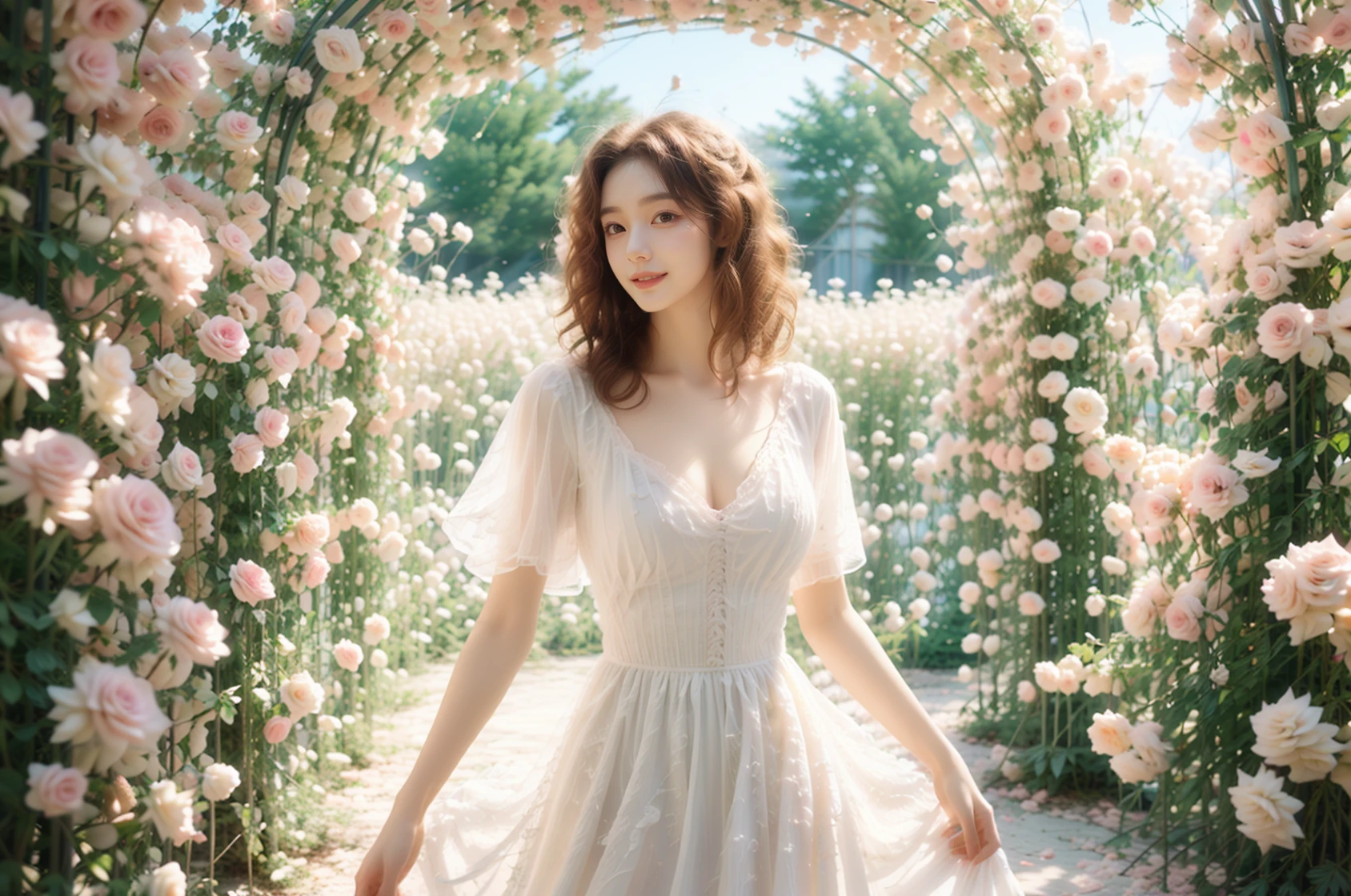 photography,(a holy and beautiful girl:1.2),(wife:1.3),(goddess:1.2),(wearing a white wedding dress:1.2),(dance:1.3),(elegant:1.1),(sheer texture:1.1),(pygal:1.2),(cleavage:1.1),(bustle:1.1),(headdress:1.1),marry,happiness,
<lora:Flower Tunnel_20231201005206-000018:0.76>,Flower Tunnel,(pink atmosphere:1.1),(brilliant roses:1.2),(rim light:1.1),<lora:è±ç°é_v1.0:0.5>,<lora:æ³å
:0.4>,<lora:duobabaè²å½©çå¼¹:0.5>,, (masterpiece:1,2), best quality, masterpiece, highres, original, extremely detailed wallpaper, perfect lighting,(extremely detailed CG:1.2ï¼