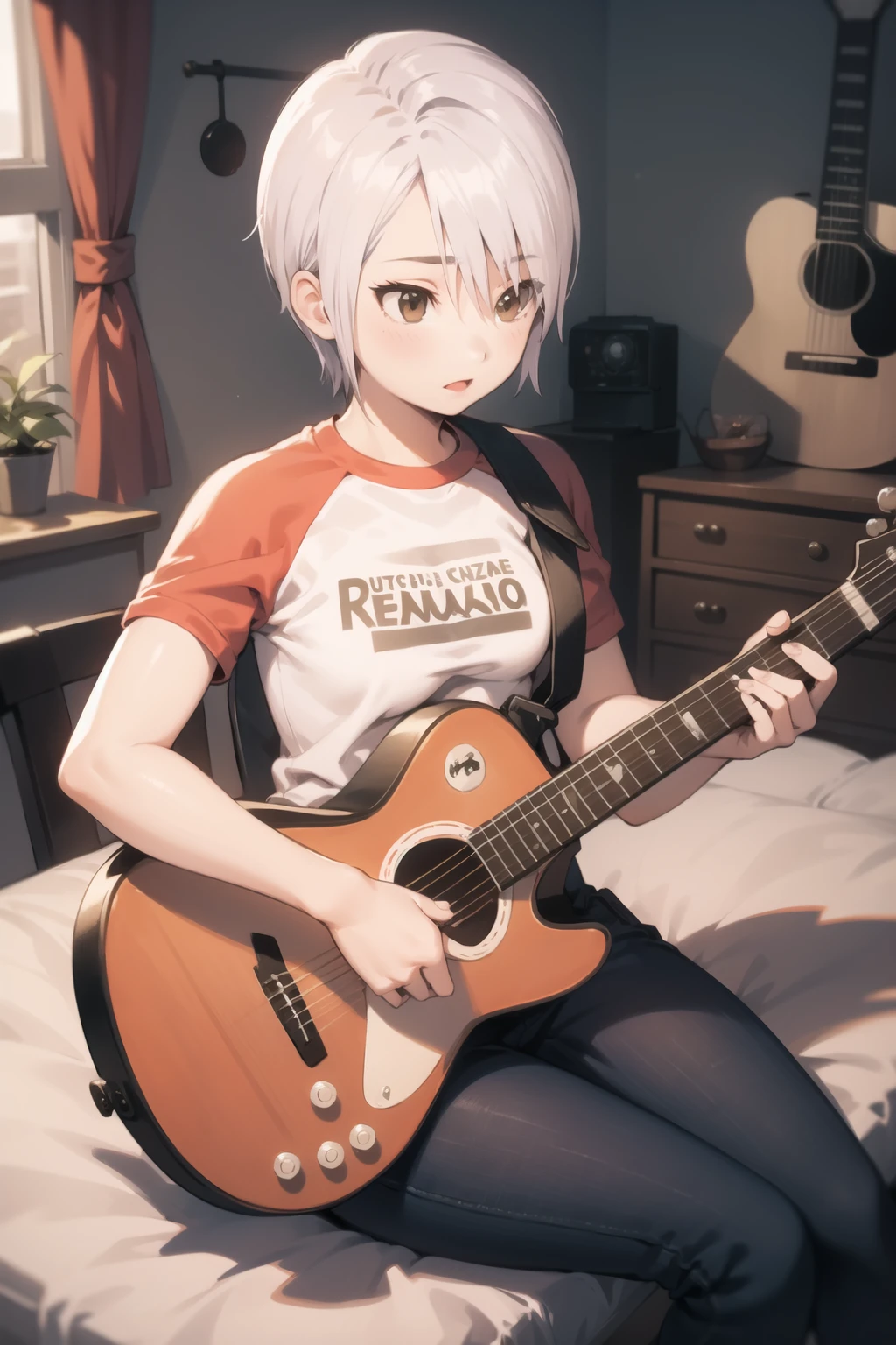 <lora:acashley-000045:1> ashley mizuki robbins, (raglan sleeves:1.1), short sleeves, cropped shirt, denim,
1girl, sitting, guitar, bedroom