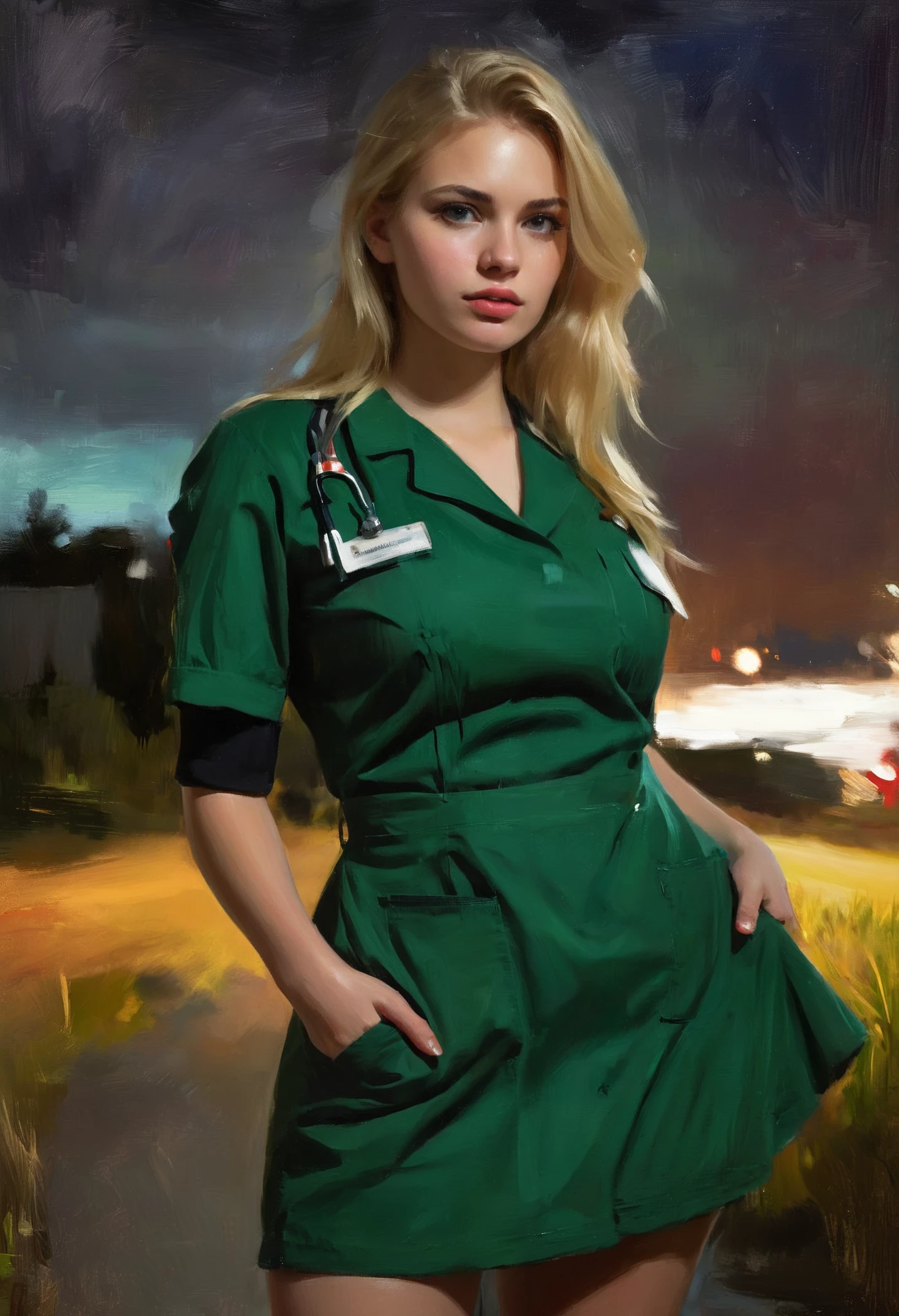 (impressionistic realism by csybgh), a young blonde nurse, curvaceous, insatiable, she just finished her night shift, slightly grimy green uniform, unconventionally attractive, fun loving but wise nevertheless, perfectly navigating the landscape of inconvenient truths and lust, masterpiece, 8k, visible canvas texture
