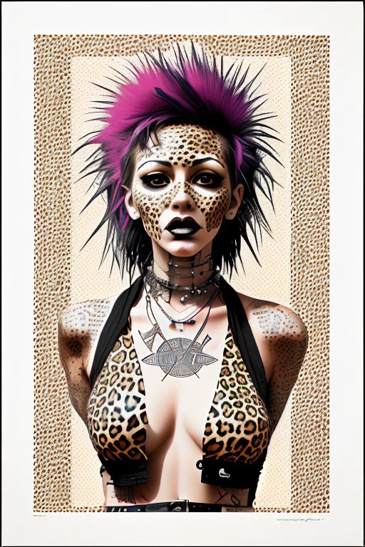 xerox of a leopard woman, covered in punk style art, goddess, collage, punk style, simple, popart, mixed media <lora:so77-sd1x-000008:1.0>