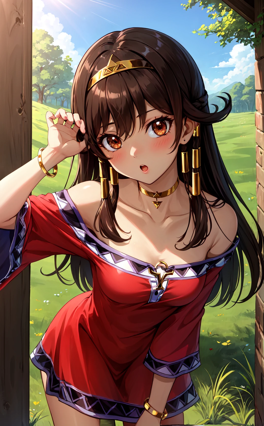 masterpiece, best quality, highres,
SeraDef, 1girl, solo, looking at viewer, cowboy shot, leaning forward, head tilt, brown eyes, brown hair, bangs, long sleeves, long hair, dress, bare shoulders, jewelry, collarbone, hairband, choker, red dress, dark skin, wide sleeves, necklace, off shoulder, :o, bracelet, dark-skinned female, hair tubes, bangle, egyptian, ankh, medium breasts,
<lora:LoRA_Sera:1>, blush, field, grass, forest, sunlight, cloudy,