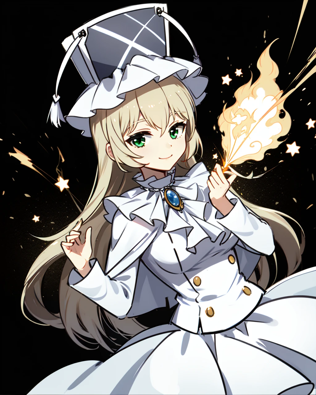 masterpiece, high quality, pmmmorikomagi, 1girl, green eyes, blonde hair, long hair, white dress with long puffy skirt, medium shot, upper body, sparks, spark in hand, black background, detailed hands, high white hat with two tassels, long sleeves, shawl on shoulders, detailed hands, (dynamic shot), looking at viewer, light smile, dancing, colorful, <lora:pmmmorikomagi_v2-000007:0.8>