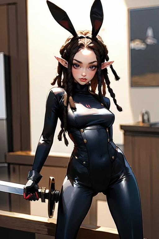 (masterpiece, highres, detailed),<lora:normaldreadlocks:0.6>,dreadlocks,1girl,bodysuit,rabbit ears,pointy ears,holding sword,