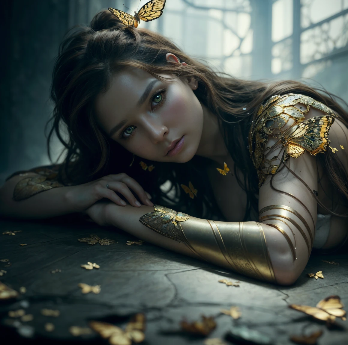 photo, 8k portrait of beautiful cyborg with brown hair, intricate, elegant, highly detailed, majestic, digital photography, art by artgerm and ruan jia and greg rutkowski surreal painting gold butterfly filigree, broken glass, (masterpiece, side lighting, finely detailed beautiful eyes: 1.2), hdr, realistic, high definition<lora:ornate:1.99>