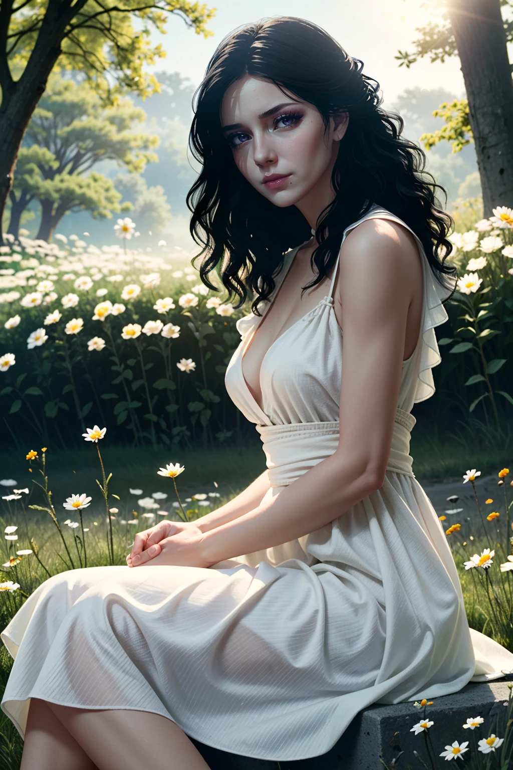((ultra detailed, masterpiece, best quality))
 <lora:W3Yennefer:0.8>
W3Yennefer, 1girl, solo, purple eyes, Amidst a field of daisies, bohemian-inspired maxi dress, warm sunlight filtering through, sitting with a bouquet and a serene expression