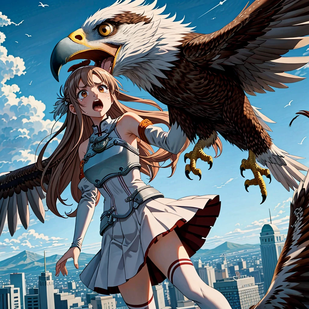 <lora:LCM_LoRA_Weights_SD15:1>,masterpiece,best quality,highly detailed,1girl and dragon,scared,panicking,constricted pupils,screaming,raised eyebrows,wide-eyed,crying,tears,
<lora:asuna_(sao)_v1:0.7>,aaasuna,long hair,brown hair,braid,brown eyes,bare shoulders,armor,breastplate,white sleeves,detached sleeves,red skirt,pleated skirt,white thighhighs,
BREAK
<lora:preyMonster:0.5>,bird,giant,monster,open mouth,full body,oversized animal,wings,feathers,claws,city,skyscraper,between buildings,buildings,(((birdPrey,beak,size difference,eagle,tangue,giant eagle bite girl))),