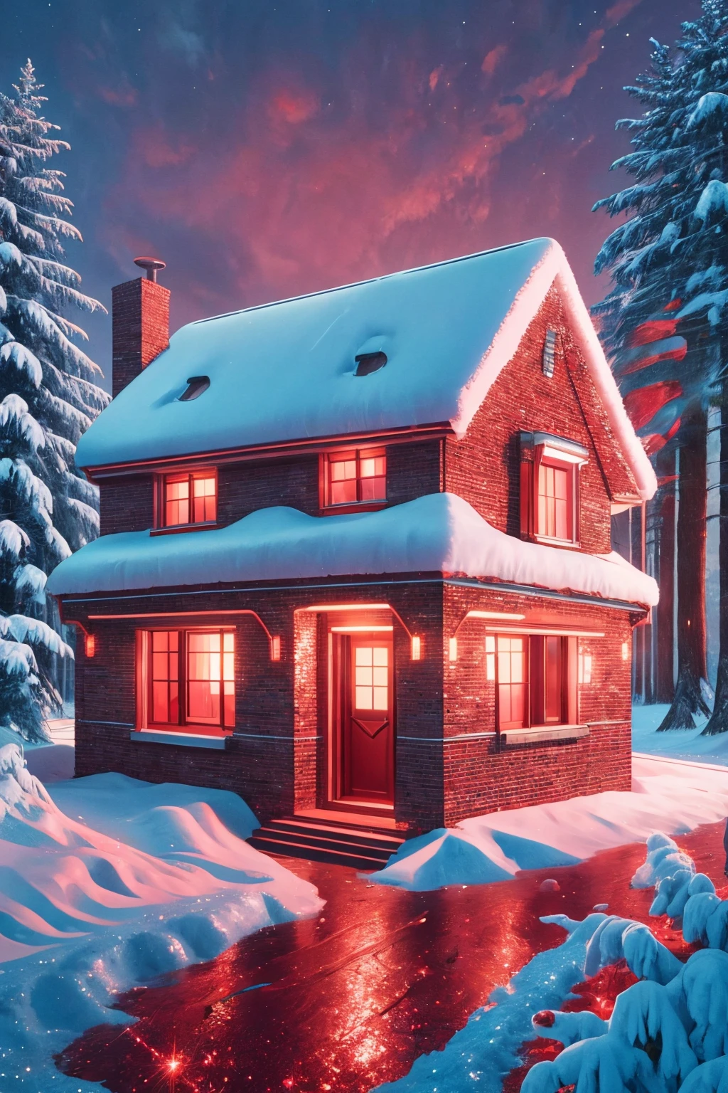 masterpiece, best quality, <lora:redglitter-style-richy-v1:1> redglitterstyle, house, winter, tundra, red theme