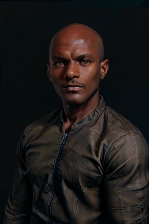 <lora:rhyheimsv3:1> rhyheims, black man, bald, dark skin, brown eyes, professional studio quality modeling headshot, 4K, simple dark background, dramatic lighting, neutral expression, realistic skin, fine detail, shirt, ultra realistic photograph, professional photograph, by Gucci photographer.