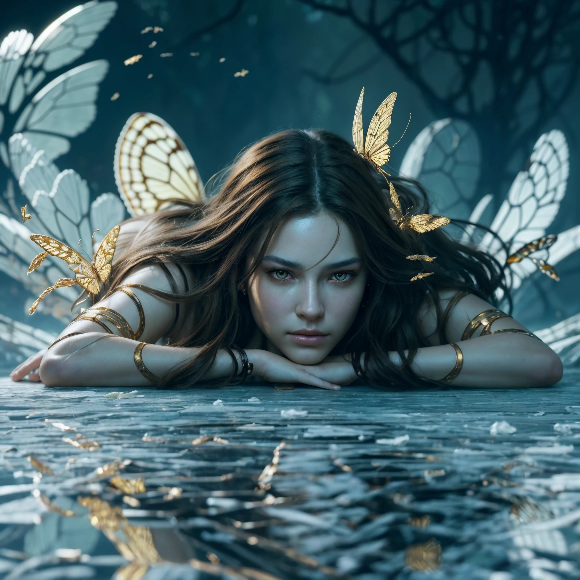 photo, 8k portrait of beautiful cyborg with brown hair, intricate, elegant, highly detailed, majestic, digital photography, art by artgerm and ruan jia and greg rutkowski surreal painting gold butterfly filigree, broken glass, (masterpiece, side lighting, finely detailed beautiful eyes: 1.2), hdr, realistic, high definition<lora:ornate:1.99>