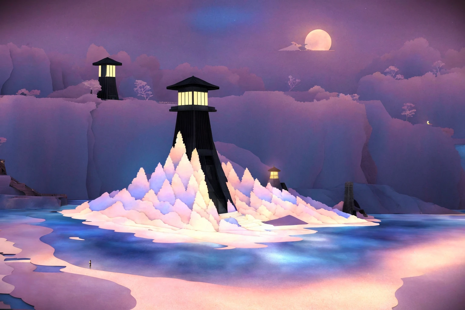 masterpiece, ultra-detailed, best quality, illustration, 8k cg wallpaper, an extremely delicate and beautiful, stunning landscape, beach, lighthouse, moon, stars, clouds, intricately detailed items in background, <lora:Tengami:1>