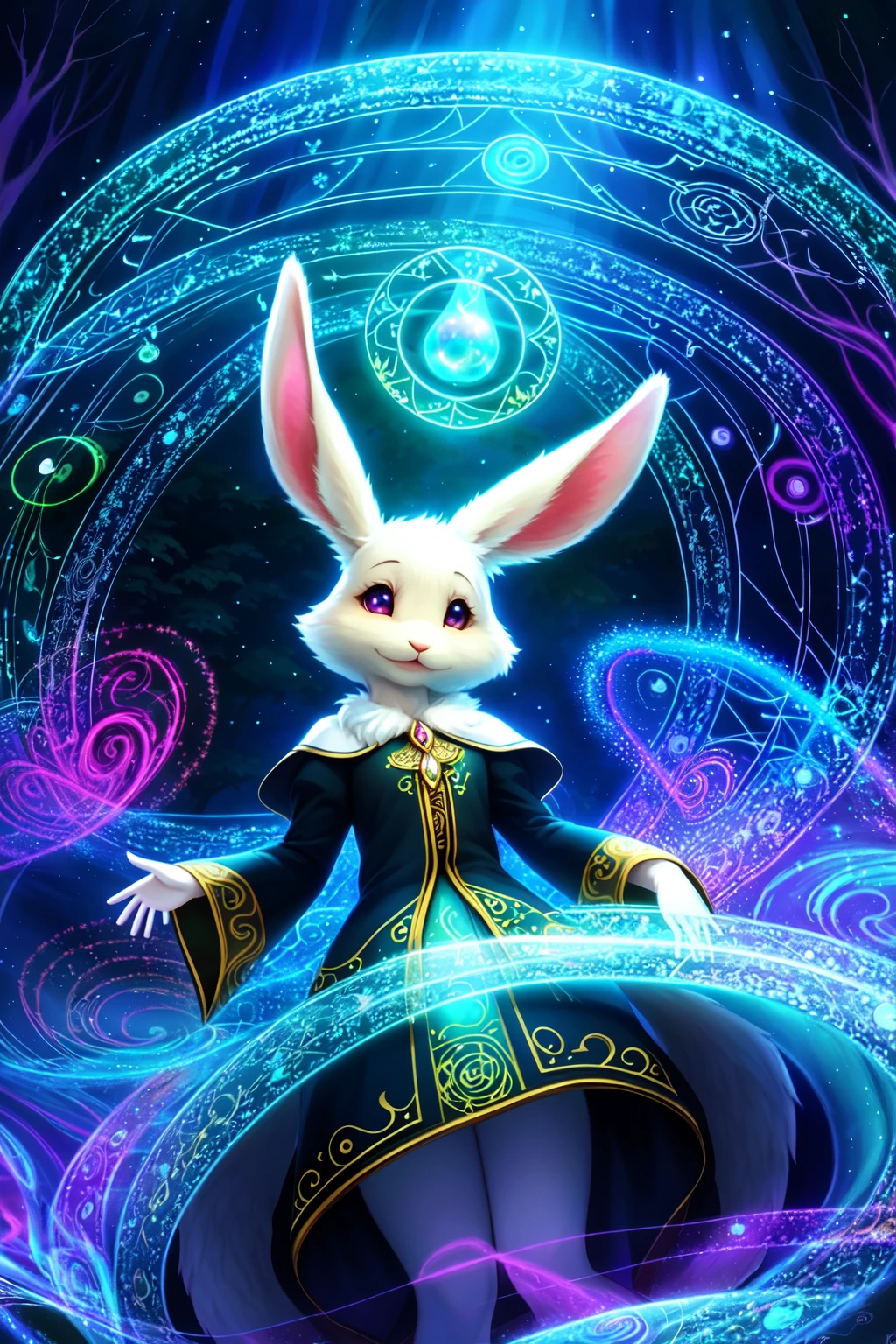 (Solo:1.2), haru floating, furry female anthro, rabbit girl, white fur, petite, (body fur:1.2), detailed fluffy fur, smile, black eyes, (chibi:0.9), many rings, cute, adorable, (shirt), (lamia:1.1), cute round face,
best quality, masterpiece, illustration, ultra-detailed, beautiful detailed eyes, (1girl:1.3),
magician, enchanting spell, high-angle view, magical forest, otherworldly beauty, casting pose, invocation effects, soft and ethereal light, fantastical atmosphere, mystical creatures, empowering allies, enhancing abilities, elemental magic, swirling energy, pulsating aura, determination, support, vibrant colors, glowing runes, levitating, swirling leaves, teamwork, magical bonds, protective shield, guiding light, shimmering particles, enchanted surroundings, harmony with nature, hope, wisdom, ancient secrets, celestial beings, arcane knowledge, mystic symbols, spellcasting, elemental forces,
black and gold patterns,
([Dark], extreme contrast, extreme vibrance),
vibrant colors, contrast,
soft lighting, soft shadows, detailed textures, dynamic lighting,
<lyco:haru-v1-locon:0.6>