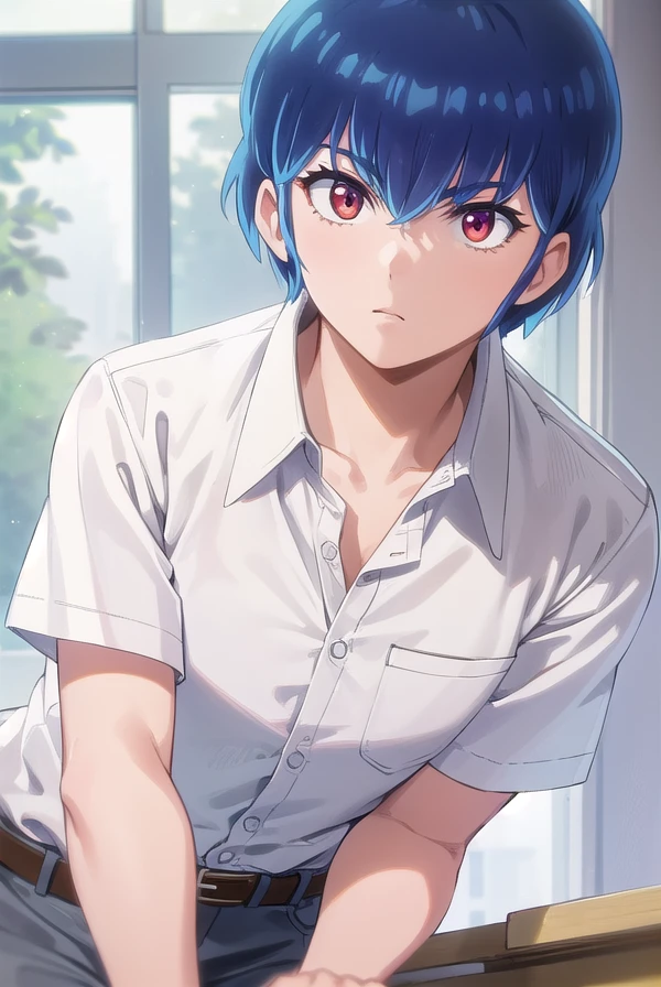 ryuunosukefujinami, <lora:ryuunosuke fujinami s1-lora-nochekaiser:1>,
ryuunosuke fujinami, short hair, blue hair, (red eyes:1.2), 
BREAK shirt, school uniform, (white shirt:1.5), short sleeves, collared shirt, belt, pants,
BREAK indoors, classroom,
BREAK looking at viewer, (cowboy shot:1.5),
BREAK <lyco:GoodHands-beta2:1>, (masterpiece:1.2), best quality, high resolution, unity 8k wallpaper, (illustration:0.8), (beautiful detailed eyes:1.6), extremely detailed face, perfect lighting, extremely detailed CG, (perfect hands, perfect anatomy),