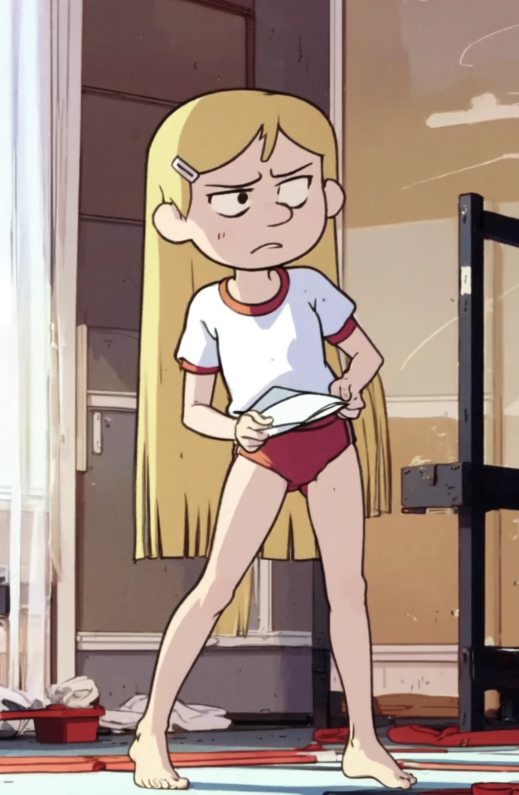 <lora:Kelly Marra (Hilda Netflix) SD1-5 V1:1> Kelly Marra, long hair, blonde hair, hair ornament, hairclip, indoors, frown, white shirt, curtains, gym uniform, buruma, red buruma, barefoot,