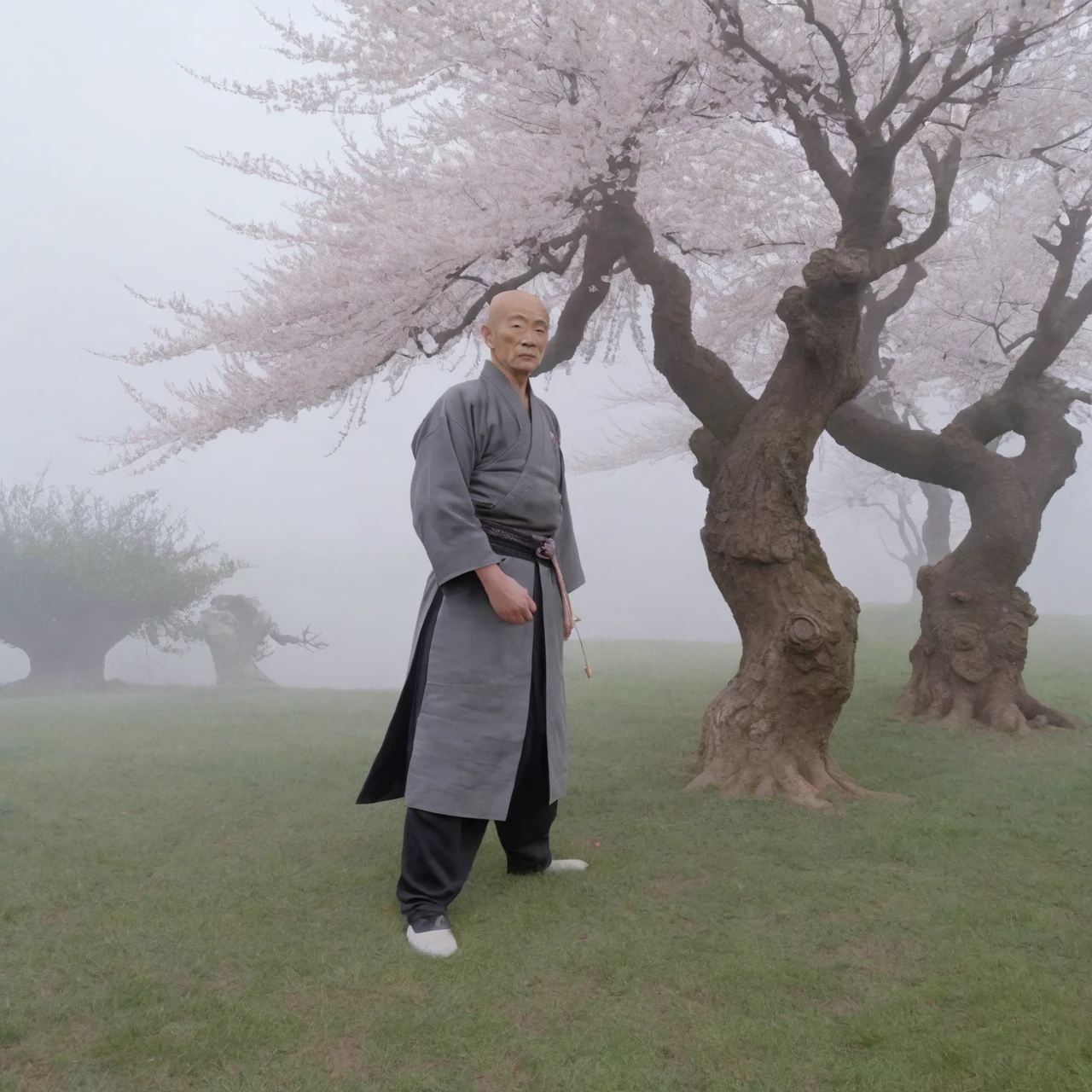 ancient kung-fu master, old, standing in high grass in front of cherry blossom tree, misty fog, intricate detail, cinematic