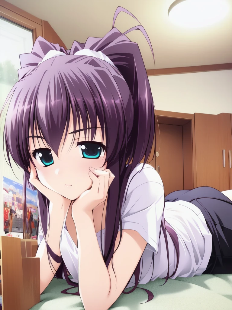 <lora:ImazekiRinko:0.8>			(masterpiece:1.3), (best quality:1.3), (hires, high resolution:1.3), 1girl, ImazekiRinko, lying, on stomach, foreshortening, facing viewer, downblouse, (white, loose t-shirt), leaning forward, selfie, hand on own face, (stern:1.2)