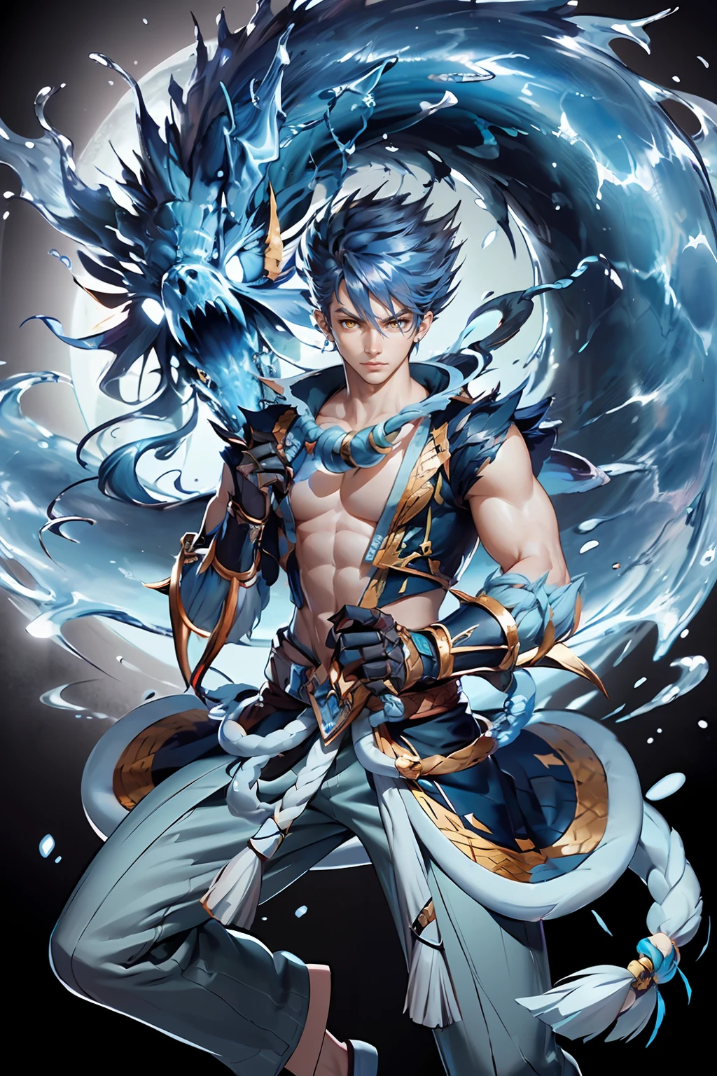 (masterpiece, best quality, official art), 1boy, blue hair, yellow eyes, energetic, ragnarok_df, wearing gloves, (clenched hands:1.2), <lora:ragnarok_online_df-07:1>, blue dragon behind her, blue flaming dragon, cowboy shot, looking at viewer, east asian architecture, intricate details, dynamic colors