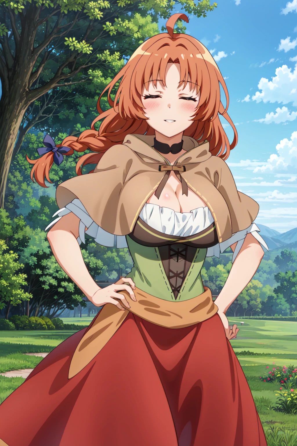 <lora:malika-09:0.8> malika_wz,( capelet:1.2), orange eyes, long hair, braid, orange hair, hair bow, ahoge, blue bow, choker, cleavage, dress, dirndl, choker, large breasts, bangs, german clothes, corset, looking at viewer, cowboy shot, standing, hand on hip, wide hip, tree, grass, wind, nature, plant, flower, blue sky, smile, closed eyes, parted lips, light blush, 1girl, (masterpiece), high quality, highres, absurdres, solo