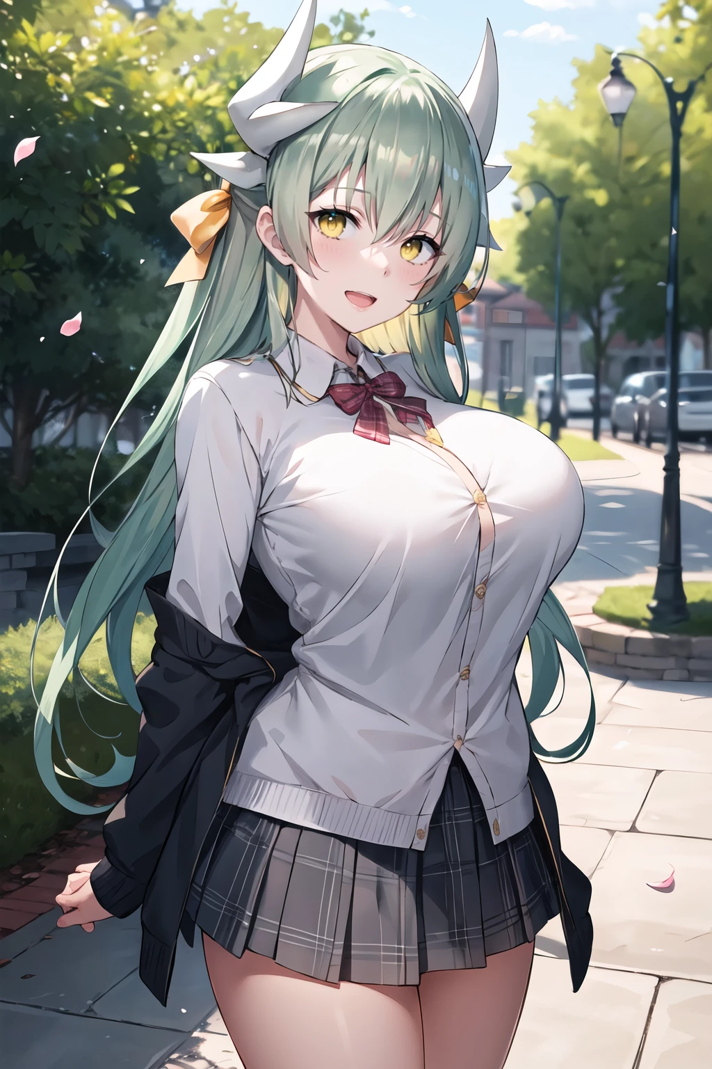 masterpiece, best quality, highres, aakiyo, long hair, green hair, white horns, hair bow, yellow bow, yellow eyes, <lora:kiyohime_(lancer)_v1:0.7>, cardigan, plaid skirt, arms behind back, smile, open mouth, petals, outdoors, huge breasts <lora:Touwa-Nikuman-Style-v1_117360:1>