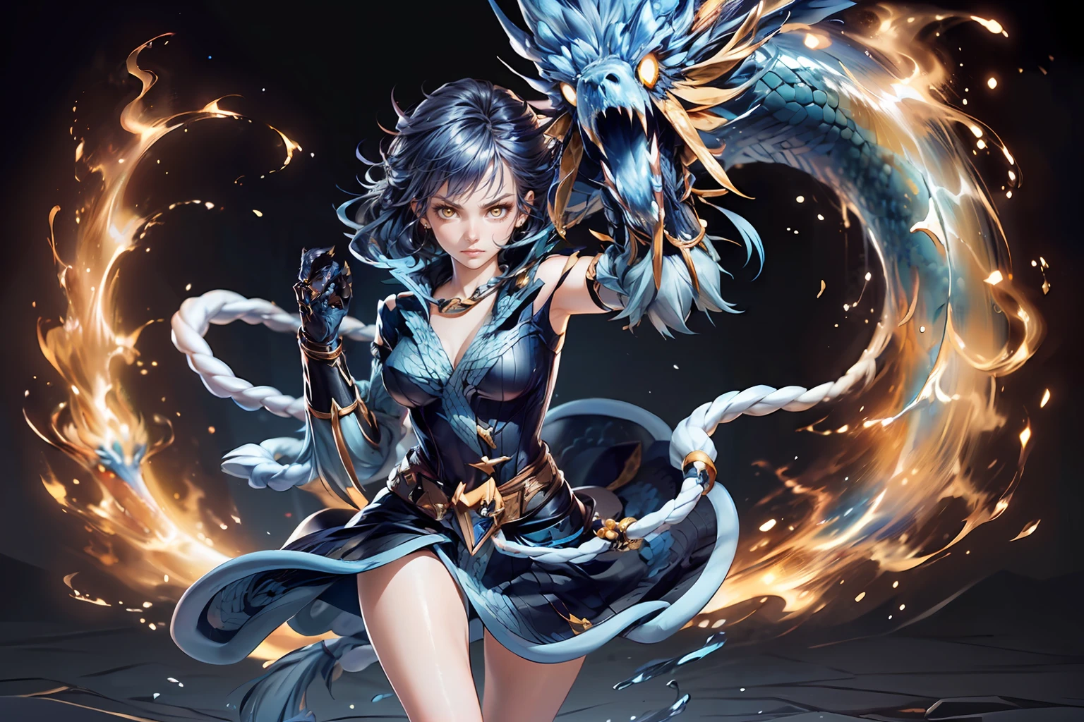 (masterpiece, best quality, official art), 1girl, blue hair, (yellow eyes:1.2), fierce, ragnarok_df, wearing gloves, hands burning, (clenched hands:1.2), <lora:ragnarok_online_df-07:1>, blue dragon behind her, blue flaming dragon, medium shot, looking at viewer, (east asian architecture:1.1), intricate details, dynamic colors, <lora:add_detail:0.7>
