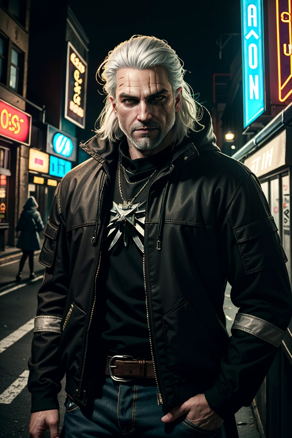 ((ultra detailed, masterpiece, best quality))
<lora:W3Geralt:0.8>
W3Geralt, 1boy, solo, white hair, Under a neon-lit city sign, edgy streetwear ensemble, nighttime ambiance, leaning against a graffiti-covered wall with a cool and collected attitude