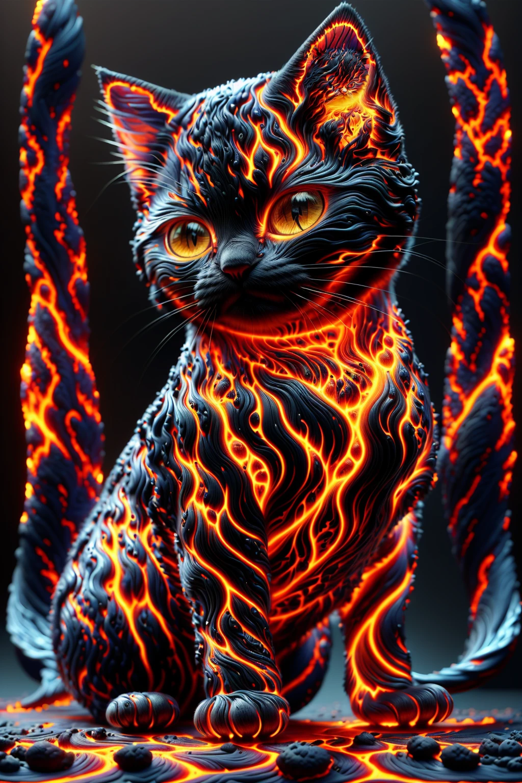 metallic delicate intricate pattern of lava in the shape of a fluffy kitten, made of fiery burning lava string, mesh, pattern, weave, thin, pale, pipes, machinery, industrial, complex, engineering, ral-lava <lora:ral-lava-sd15:1>