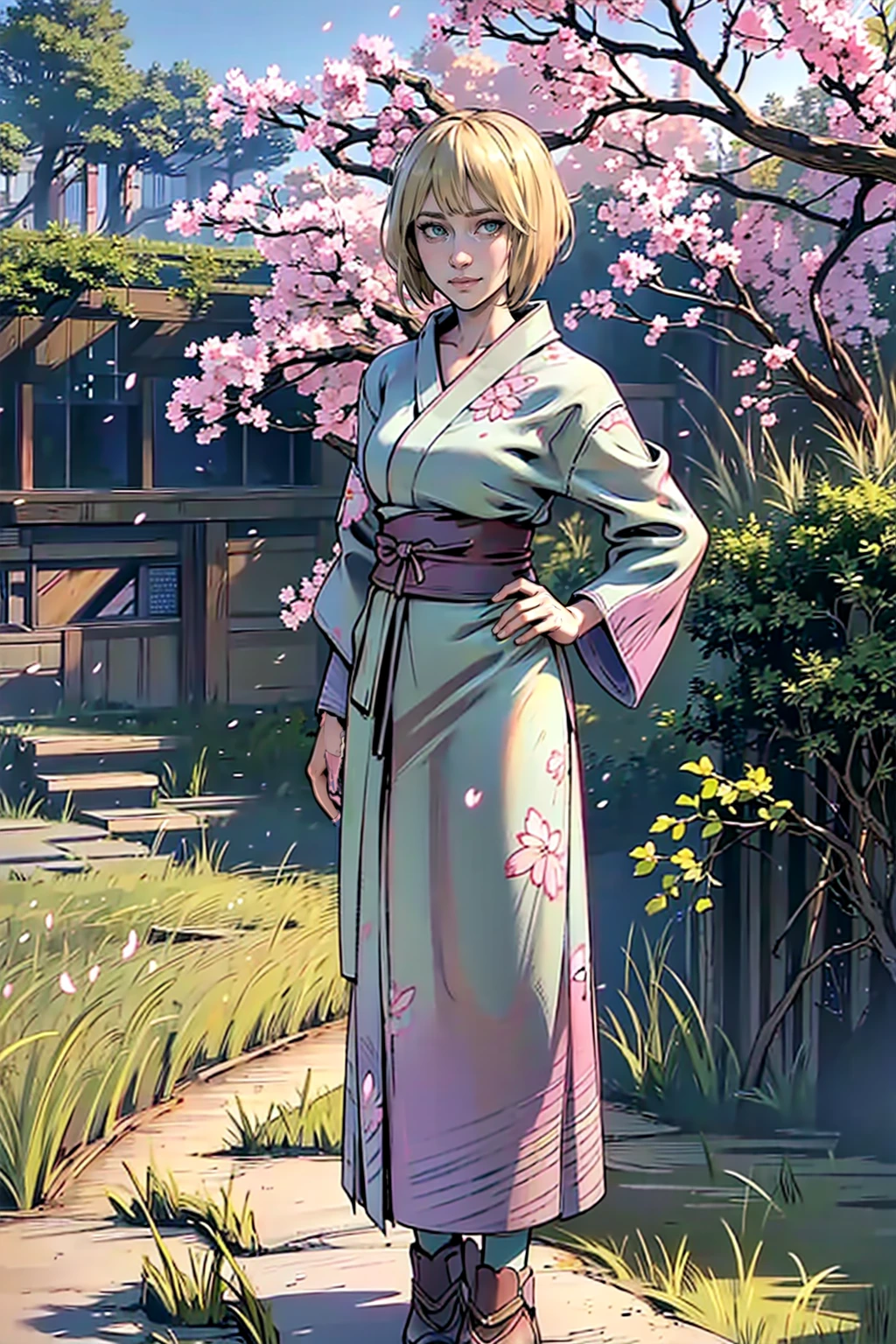 1girl, blonde hair, closed mouth, green eyes, looking at viewer, realistic, solo, violettwd, beautiful eyes, masterpiece, high res, <lora:VioletV1.4:0.8>, wearing yukata, japan, full body, smiling, dress, japanese yakata, hand on hip, standing, cherry blossom tree garden background