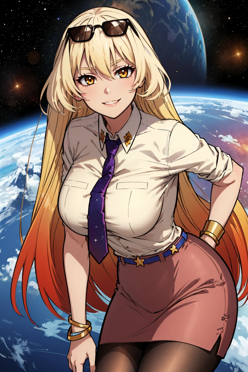 masterpiece, best quality,  <lora:sunsensei-nvwls-v1-000008:0.9> sunsensei, gradient hair, sunglasses, eyewear on head, collared shirt, sleeves rolled up, necktie, pencil skirt, belt, pantyhose, bracelet, large breasts, leaning forward, smile, outer space, looking at viewer, upper body