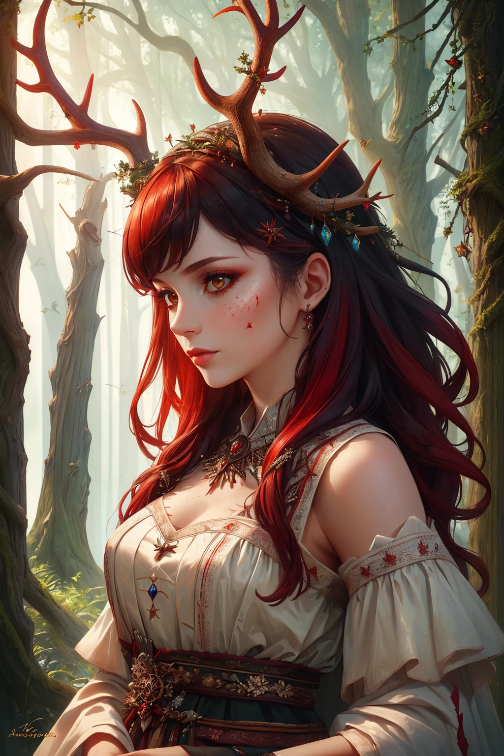 ((Masterpiece, best quality,edgQuality)),
edgAntlers, a woman in a dress,dressed in wooden antlers
 <lora:edgReindeerTeamAntlers:0.8>