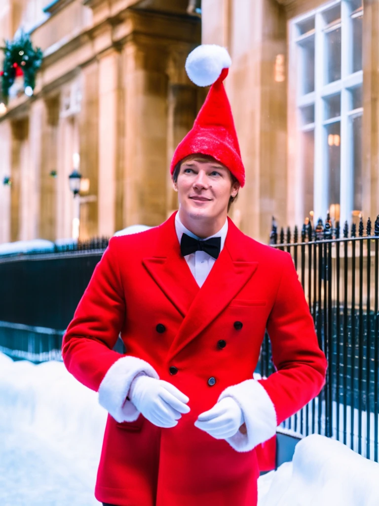 Photo of young 25 year old Roger Moore standing in a snowy scene Christmas in London wearing (red Santa hat:1.4) and a black tuxedo, Christmastime, DSLR, Fujifilm XT3 <lora:Roger Moore-000003:1>