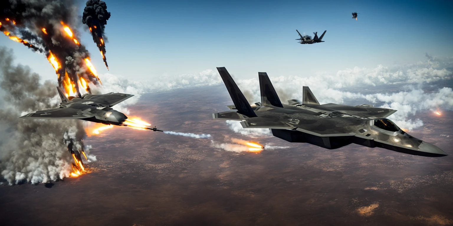 F22,analog gloomy aerial photo of a F-22Raptor plane,military_vehicle, realistic, pilot_suit, airplane, flying, (flying low through a city on fire), (explosions in the background), (tracer gunfire), High Detail, Sharp focus, (photorealism), realistic, best quality, 8k, award winning, dramatic lighting, epic, cinematic, masterpiece, rim light, (action movie), war, depth of field, dutch angle, motion blur, <lora:F22:0.8>