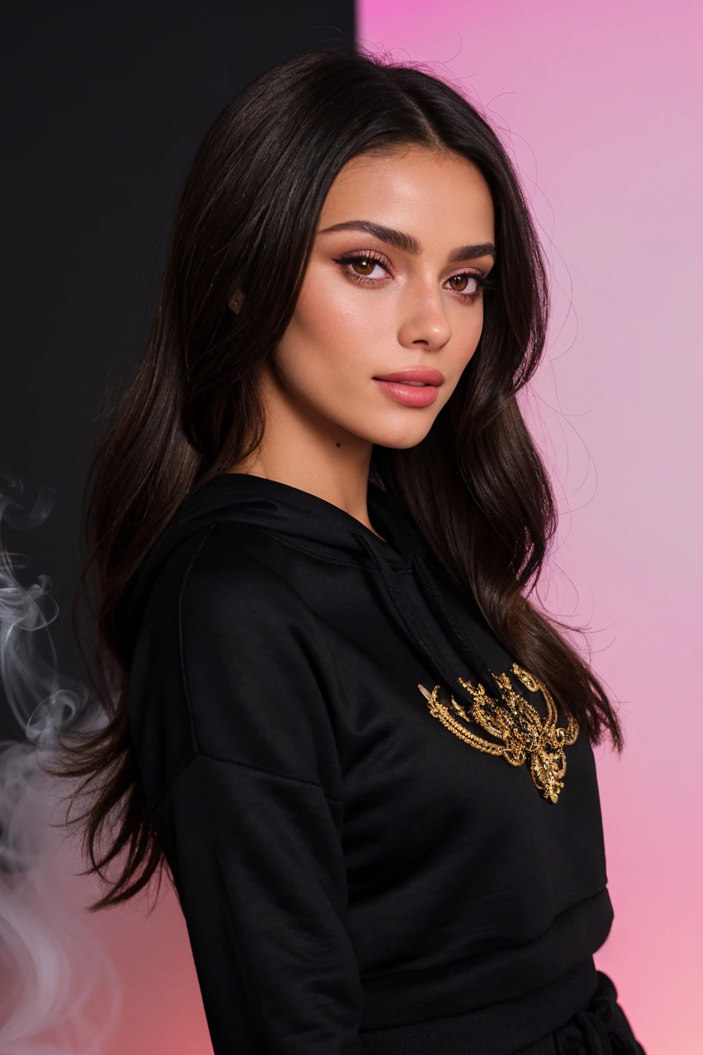 DV_Olivia_Vicious ((Black Theme, Black backdrop:1.4)) (Close-Up Shot, headshot:1.4) (Brunette hair :1.4)wearing (Black sweatshirt :1.4) 35mm, F/2.8 ((Photo Focus, DOF, Aperture, insanely detailed and intricate, character, hypermaximalist, elegant, ornate, beautiful, exotic, revealing, appealing, attractive, amative, hyper realistic, super detailed, heresy flares)) (smiling at viewer:1.3)(volumetric pink smoke:1.3) (pink lens flare:1.2)(sharpness:1.3)(details:1.3)