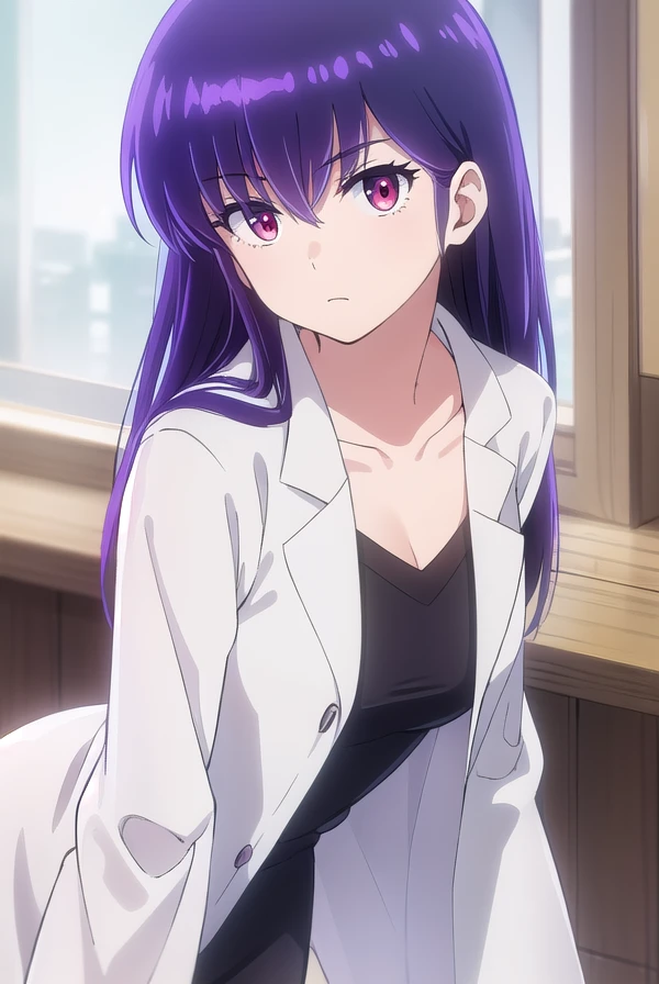 uruseiyatsurasakura, <lora:urusei yatsura sakura s1-lora-nochekaiser:1>,
sakura, long hair, purple hair, (red eyes:1.2),
BREAK labcoat, (white labcoat:1.5), collarbone, shirt, black shirt, skirt, pencil skirt, purple skirt,
BREAK indoors, classroom,
BREAK looking at viewer, (cowboy shot:1.5),
BREAK <lyco:GoodHands-beta2:1>, (masterpiece:1.2), best quality, high resolution, unity 8k wallpaper, (illustration:0.8), (beautiful detailed eyes:1.6), extremely detailed face, perfect lighting, extremely detailed CG, (perfect hands, perfect anatomy),