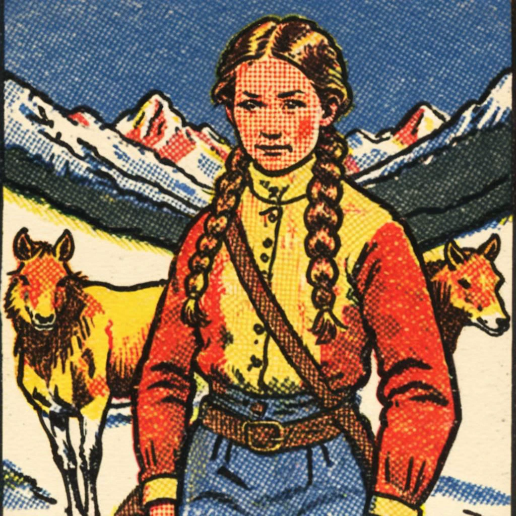 ASCIIVeryBadPrint , half body shot, Realistic  (contrasted), gold rush, 1880, pioneer, skinny, klondike, woman, brunette, braided hair,snow, night lights,  adventure, winter clothes, cold, portrait,  dirty clothes, mountain background,  animal hide,  fur,