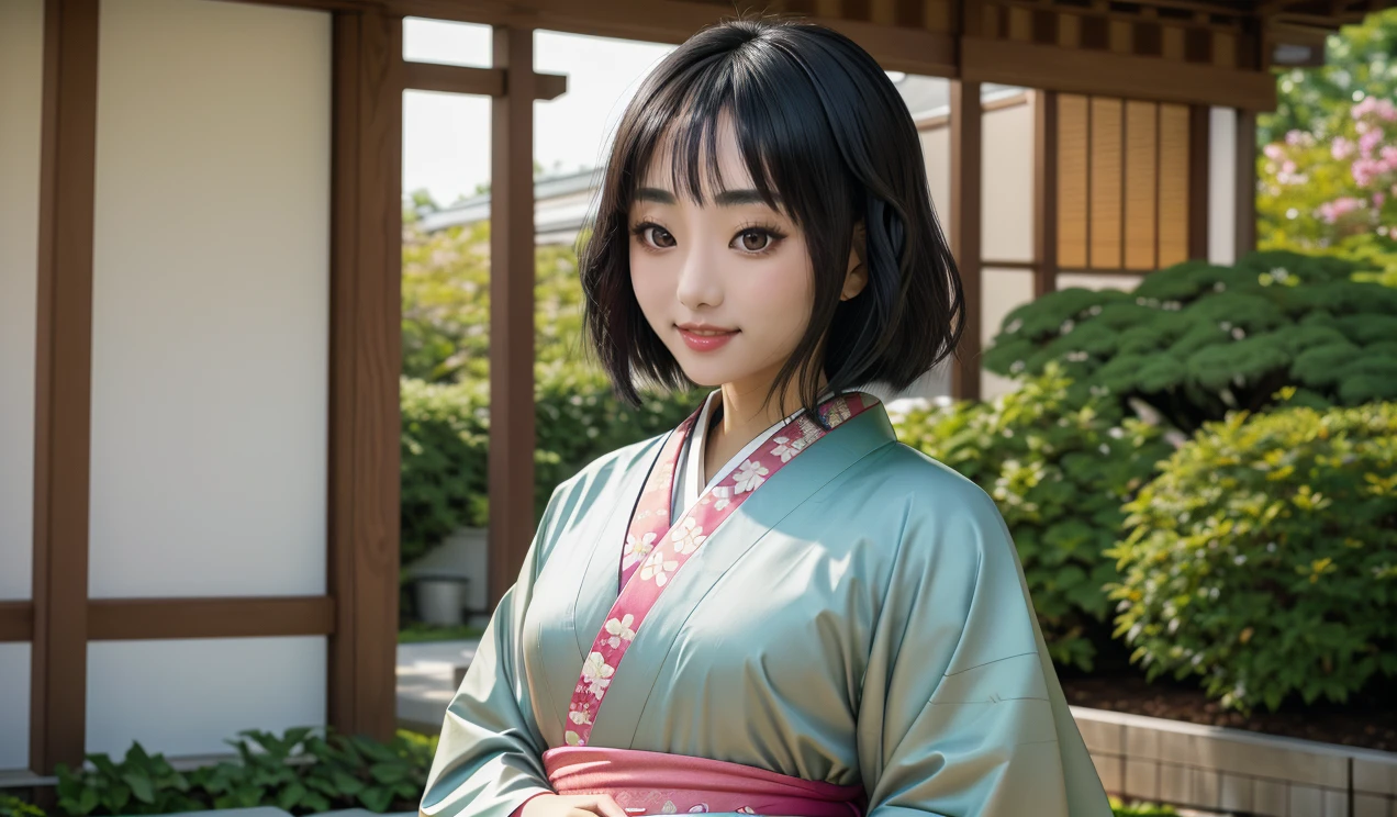 35mm film, 1girl, solo, portrait, medium shot, from front, YuuSaku, medium black hair, slight smile, kimono, 8k, uhd, highly detailed, award winning photography, shot on Fujifilm X-T4, muted colors, NHK taiga drama, outdoors, garden, sfw <lora:XenoDetailer_v2:0.2> <lora:YuuSaku_v2:1>