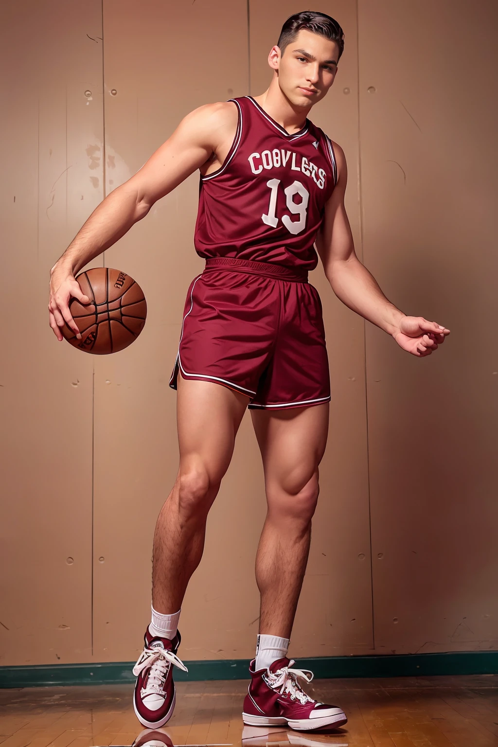 1950's style gymnasium, high ceiling, TravisWade, 1950's style haircut, basketballplayer, maroon and white 1950's style basketball uniform, 1950's style shorts, short shorts, black ((Converse sneakers)), (((full body portrait))), wide angle,  <lora:TravisWade:0.8>   <lora:Clothing - Sexy Basketball Player:0.35>