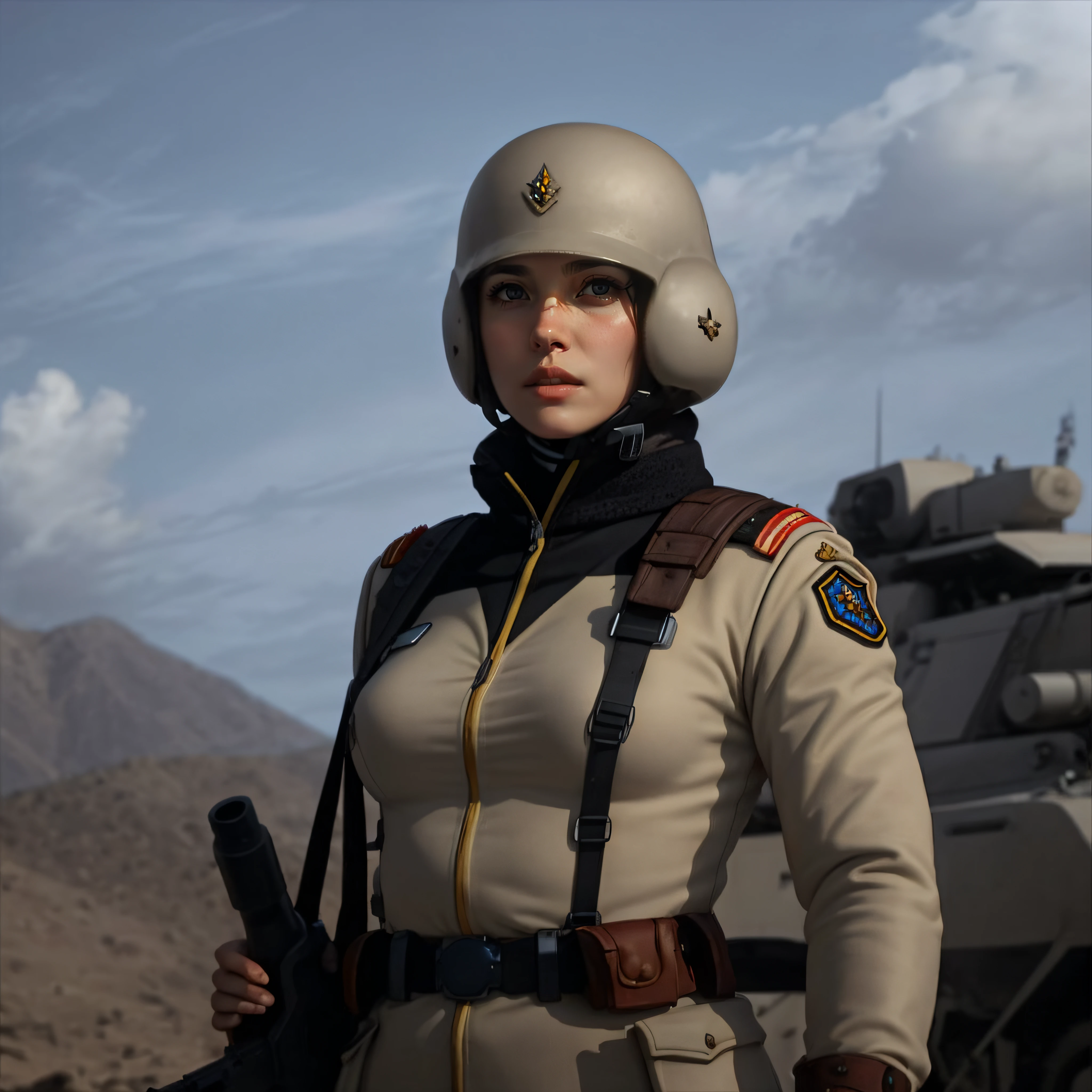 photorealistic, cinematic, <lora:eff soldier aam:0.8>, eff soldier, uniform, woman, helmet, war