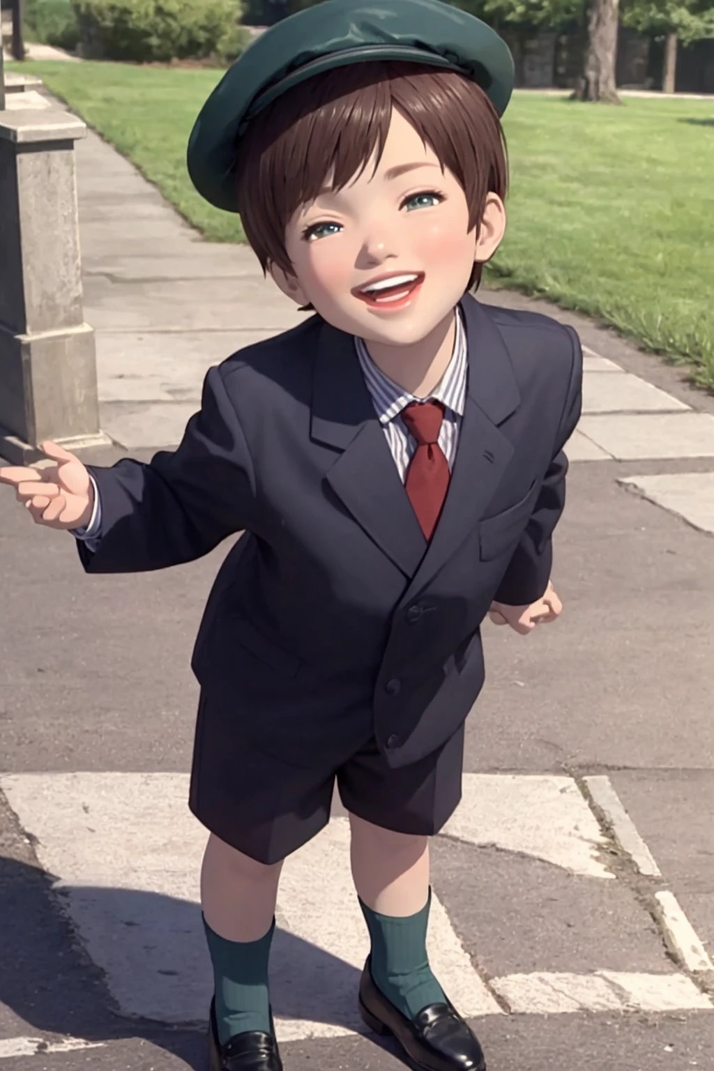 masterpiece, best quality, highly detailed, (photorealistic:1.5), 1boy, mannequin, <lora:Mikey_Fuccon_v1-000185:0.8>, (from below, full body:1.3), standing, residential street, blue suit jacket, necktie, blue shorts, green striped socks, black shoes, multicolored clothes, multicolored legwear, big smile, teeth, blue eyes, green hat, forehead, short hair, (looking up:0.3), (open mouth:0.3),