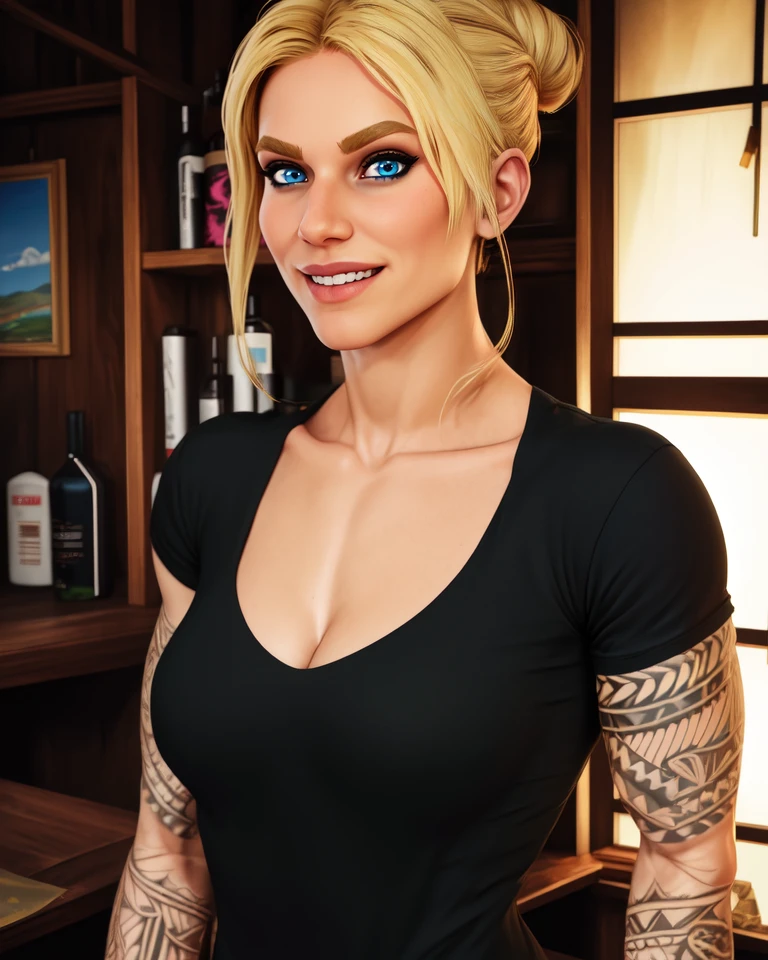 valkyrie,blue eyes,blonde  hair,arm tattoos. hair bun,
black shirt,muscular,medium breasts,shoulder tattoo,
solo,smile,cleavage,
standing,upper body,
country,town,
(insanely detailed, beautiful detailed face, masterpiece, best quality),<lora:valkyrieRSS-10v7:0.8>,