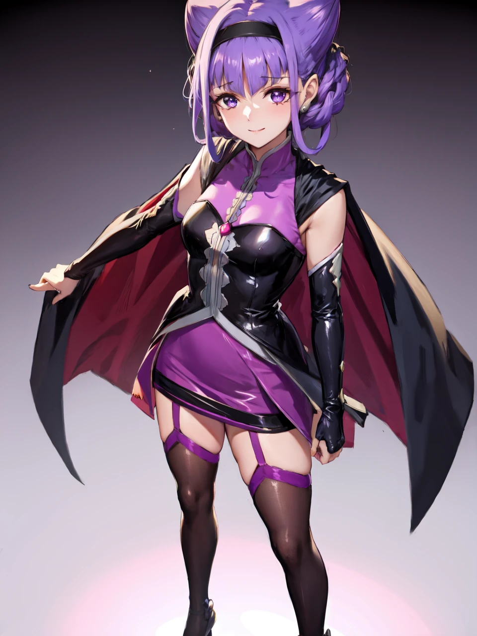 masterpiece, best quality, looking at viewer, depth of field, standing, full body, from above, 
1girl, <lora:locon_criasu_ruru_01:0.95>, criasu ruru, cone hair bun, braid, purple hairband, elbow gloves, detached sleeves, black cape, black thighhighs, garter straps, purple pencil skirt, emotionless, expressionless,
smile, ((gradient background)), lens flare,