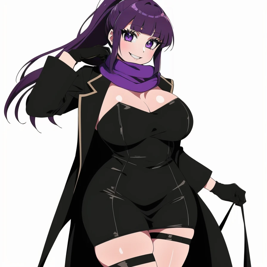 (masterpiece, best quality:1.3), Coffing, Thin Lineart, Cel-Shading, Desaturated Colors, 1girl, solo, looking at viewer, huge breasts, mature female, white background, depth of field, wide hips, thick thighs, sharp focus, purple hair, purple eyes, long hair, smile, cowboy shot, purple scarf, ponytail, gloves, scarf, thigh strap, dress, black gloves, long sleeves, coat, black coat <lora:Coffing Style Lora:.85>