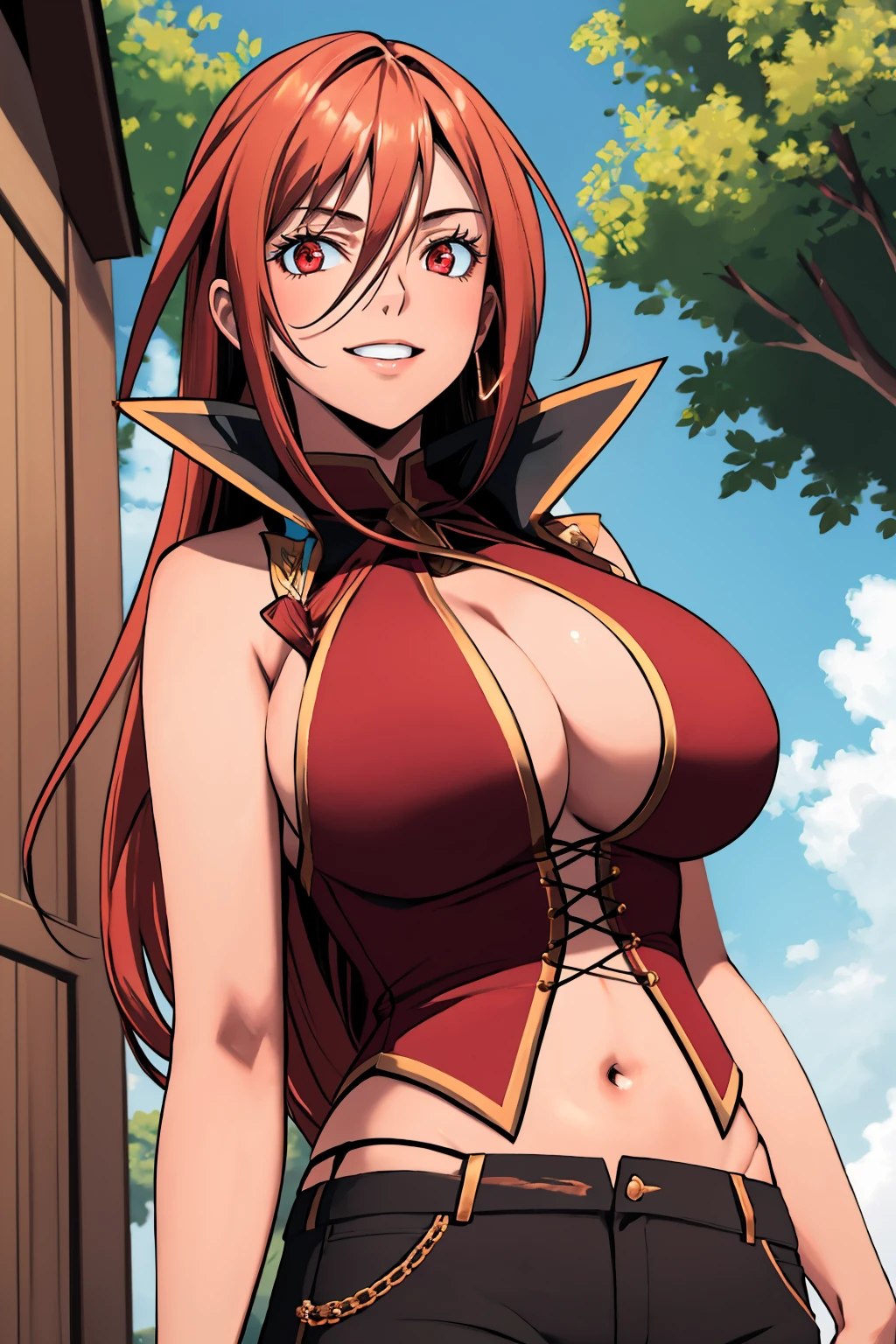 masterpiece, best quality, 1girl, solo <lora:jishuka-nvwls-v1-000008:0.8> jishuka, hair between eyes, popped collar, criss-cross halter, red vest, cleavage cutout, brown pants, large breasts, cowboy shot, arms behind head, looking at viewer, from below, smile