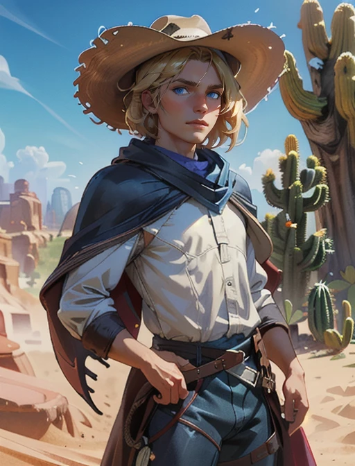 best quality, masterpiece, highres, detailed, digital artwork, <lora:Detail - add_detail:0.2>, CowboyCh, <lyco:Change - CowboyCh:0.8>, WillKenrith, blue eyes, blonde hair, desert, cactus, cowboy hat, cape, <lora:Character - WillKenrith:0.6>