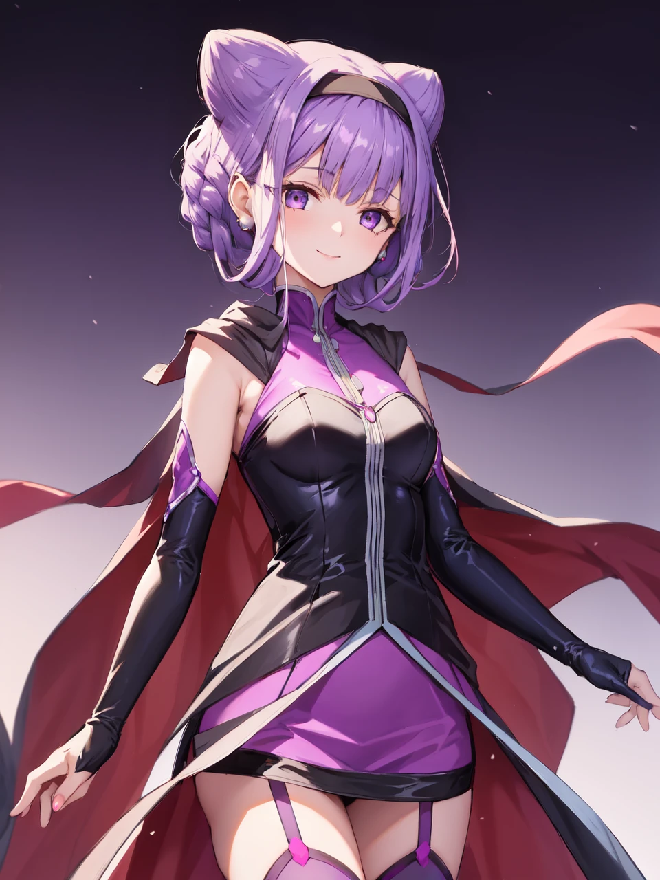 masterpiece, best quality, looking at viewer, depth of field, standing, 
1girl, <lora:locon_criasu_ruru_01:0.95>, criasu ruru, cone hair bun, braid, purple hairband, elbow gloves, detached sleeves, black cape, black thighhighs, garter straps, purple pencil skirt, emotionless, expressionless,
smile, ((gradient background)), lens flare,