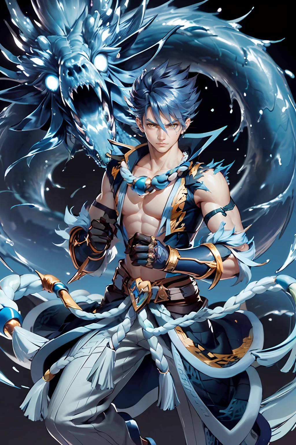 (masterpiece, best quality, official art), 1boy,  blue hair, yellow eyes, energetic, ragnarok_df, wearing gloves, (clenched hands:1.2),  <lora:ragnarok_online_df-07:1>, blue dragon behind her, blue flaming dragon, cowboy shot,  looking at viewer, east asian architecture,  intricate details, dynamic colors