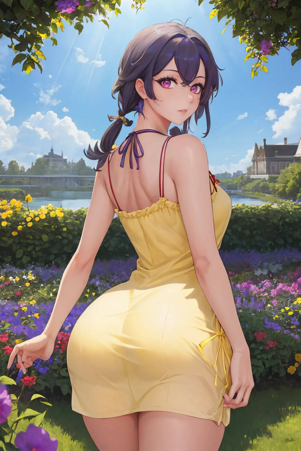 masterpiece, best quality, 1girl, solo, <lora:foch-al-richy-v1:1> fochrnd, (yellow sundress:1.4), from behind, ass, looking back, looking at viewer, garden, sun, sunbeam, sunlight, purple flowers, pink eyes