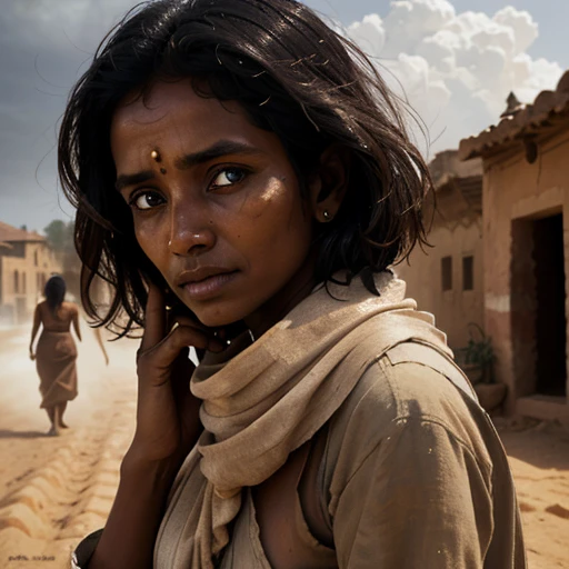 downblouse, sri lankan woman, stone well, by Steve McCurry, by Alessio Albi, by Lee Jeffries, by Herb Ritts, by Jeremy Mann, dusty village street, clouds, sandstorm, adobe buildings, drawing water from a well, peasant dress, close-up