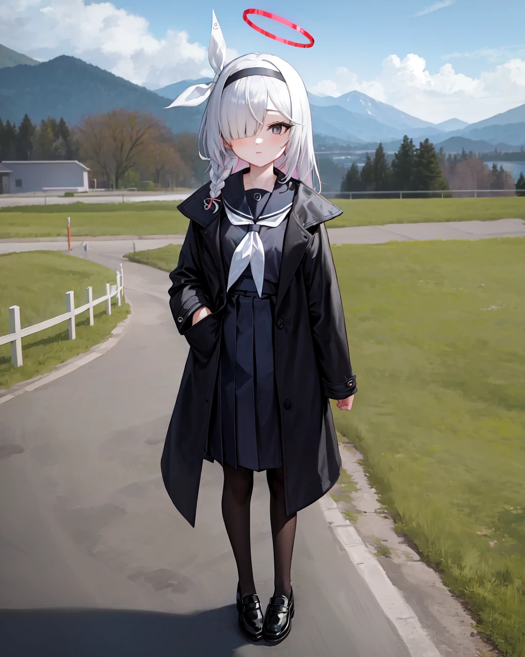 1girl, solo, long hair,  bangs, skirt, long sleeves, ribbon,  school uniform,  grey eyes, jacket,  hair ribbon,  braid, white hair, pantyhose, pleated skirt, hairband, open clothes,  black skirt, sailor collar, black footwear, hair over one eye, coat, neckerchief, sleeves past wrists, black pantyhose, , halo,  black coat, plana (blue archive), , standing, outdoors, mountain, sky, 8K, masterpiece, beautiful